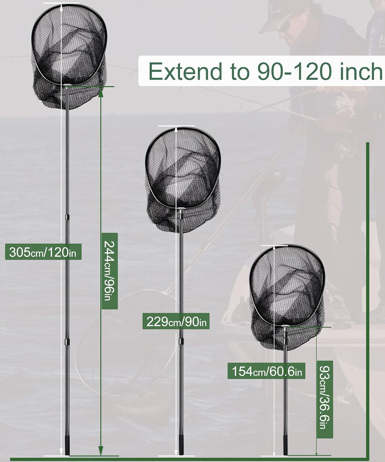 Large Fishing Net Saltwater Rubber Fishing Net Kayak Fishing Landing Net with Telescoping Handle Freshwater Fish Nets with Long Handle Extends 90-120inch - Image 3